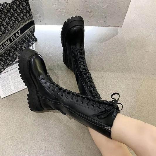 "2023 Women's High Heel Motorcycle Boots - Wedge Platform, PU Leather, Lace-Up, Black"
