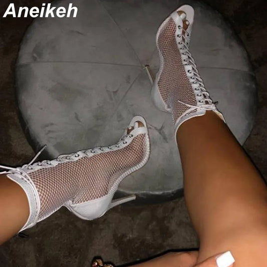 Women's Stylish Mesh High Heel Ankle Boots - Lace-Up, Hollow Out Design, Open Toe, Sexy Sandals - Black/White Options Available