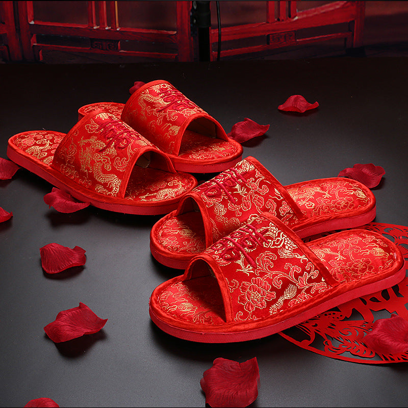 Double Happiness Red Wedding Slippers for Couples - Spring/Autumn Bride and Groom House Shoes