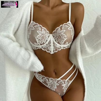 Women Lingerie Set Two Piece Bowknot Transparent Mesh Lace Steel Ring Bra Thongs Underwire Lingerie Underwear Erotic Intimate