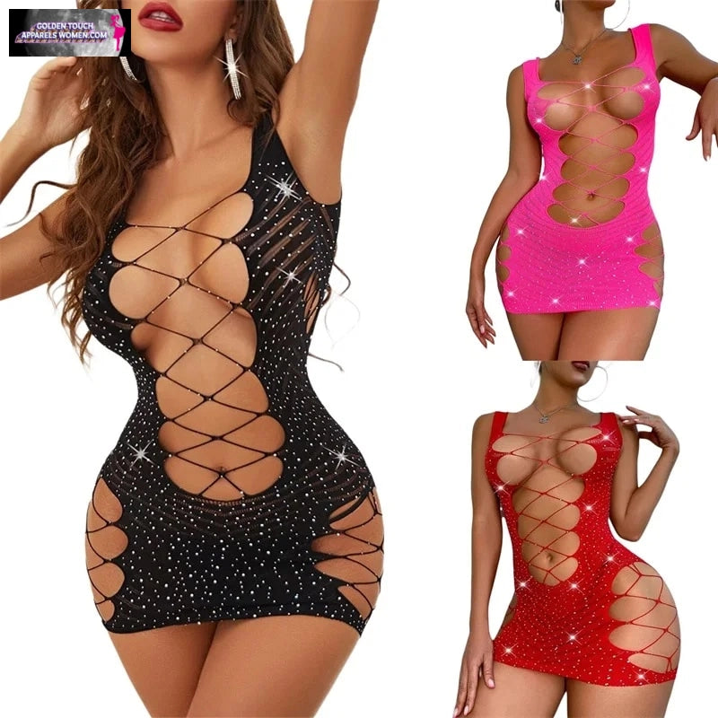 Rhinestone Cross Lingerie Dress - Sexy, Slim, and Short Nightwear for Women