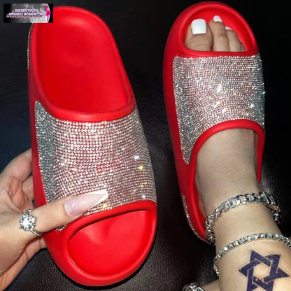 Sparkling Rhinestone Slide Sandals - Non-Slip Platform for Summer  - Size Chart Available