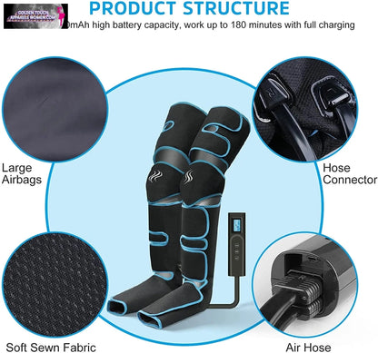 Portable Electric Leg Massager - Heated, 6 Modes, 3 Year Warranty - Relieve Pain & Improve Circulation