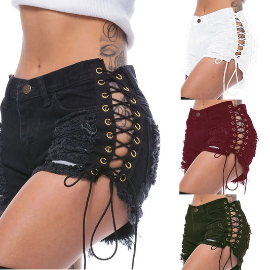 21 Net Red Amazon eBay Europe and America Hole Side Corn Bandage Denim Shorts Fashion Women's Stretch Hot Pants.