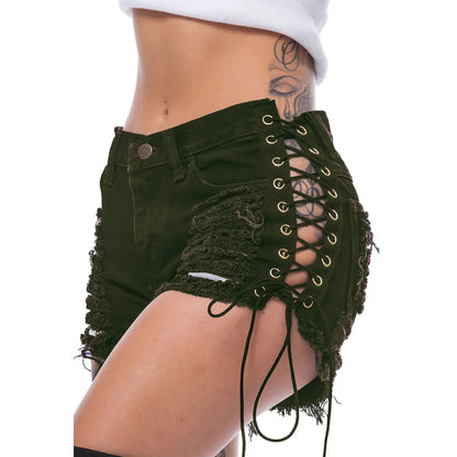 21 Net Red Amazon eBay Europe and America Hole Side Corn Bandage Denim Shorts Fashion Women's Stretch Hot Pants.