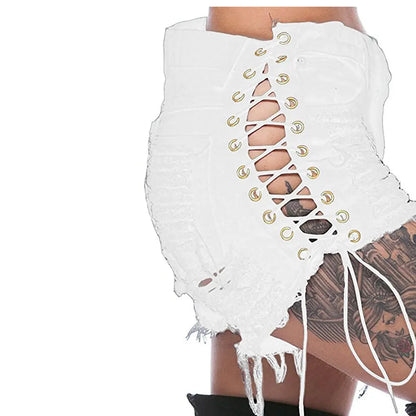 21 Net Red Amazon eBay Europe and America Hole Side Corn Bandage Denim Shorts Fashion Women's Stretch Hot Pants.