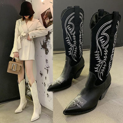 Women thick heel high top cow boy boots