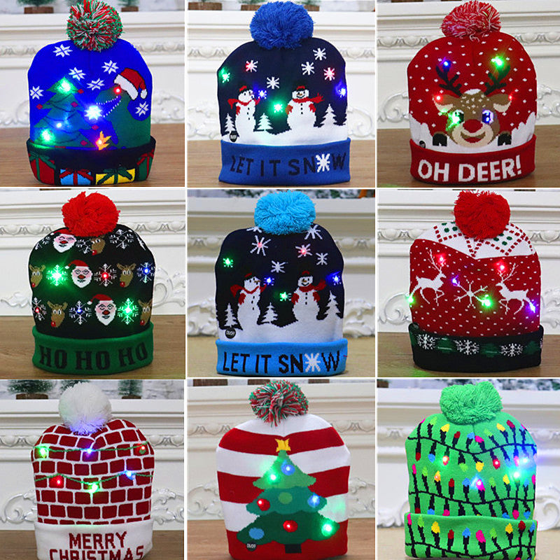Christmas decoration supplies adult children's knitted Christmas hat colorful luminous knitted hat high-grade elderly Christmas hat
