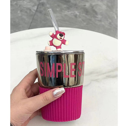 Ins Style Cute Heat-Resistant Glass Water Cup with Lid and Spoon - High-Value Mug for Girls, Ideal for Office, Coffee, and Breakfast GOLDEN TOUCH