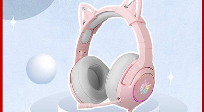 K9 Pink Cat Ear Headphones with RGB LED Light Flexible Mic Gaming Headset 7.1 Surround Computer Earphones for PC Gamer