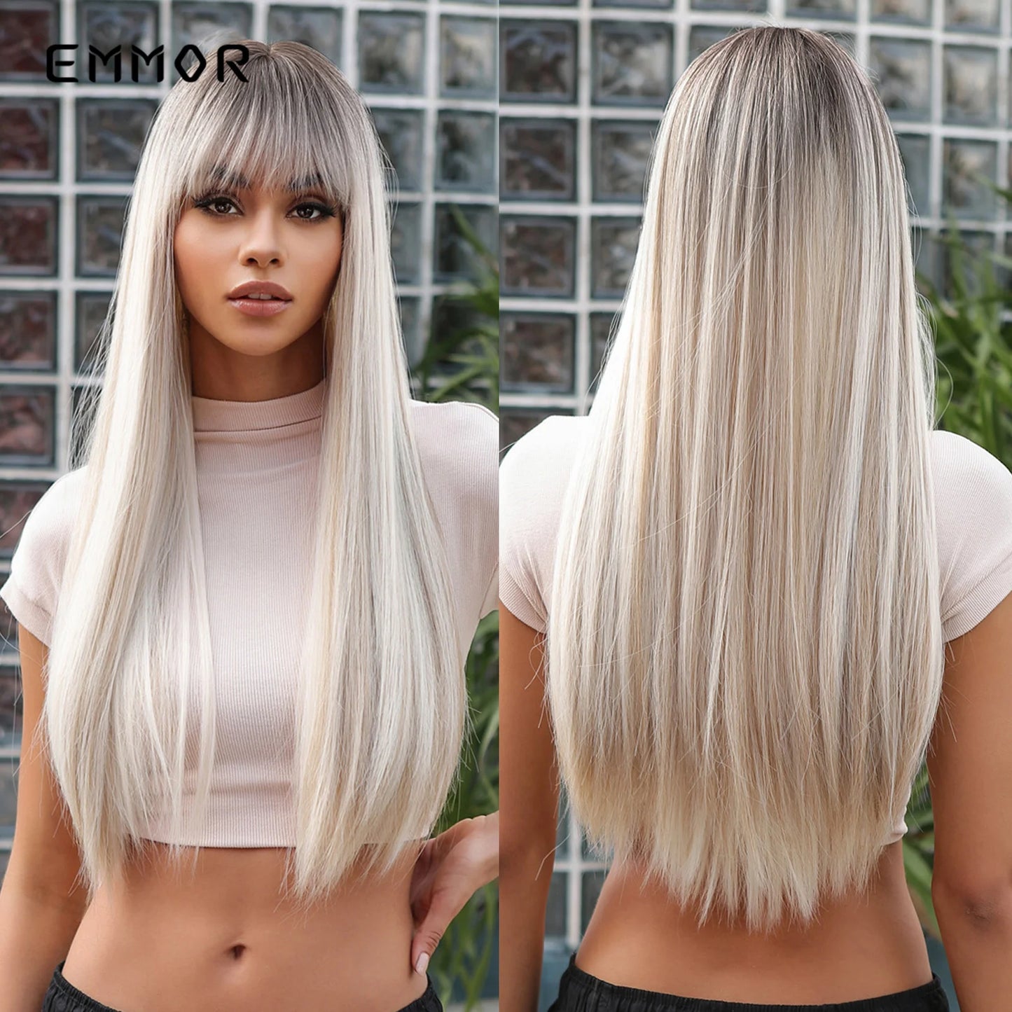 Platinum Blonde White Wig with Bang - Long Natural Straight Cosplay Wig for Women - Heat Resistant Synthetic Hair