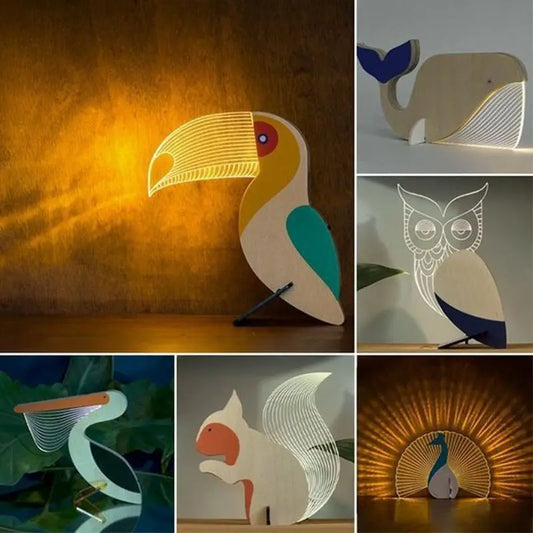 Animals LED Night Light Wood Acrylic Table USB Lights Decorate For Children Baby Kids Bedside Lamp Pelican Sirius Whale Toucan.