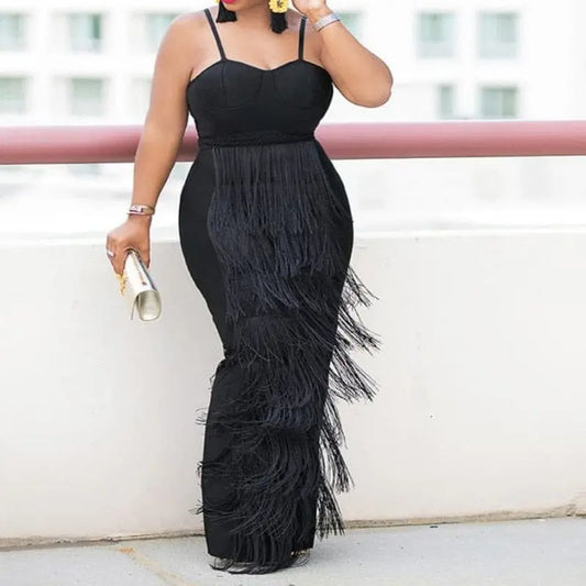 Black Plus Size Long Dresses Spaghetti Strap High Waist Tassel Evening Cocktail Party Gowns Fringe Outfits  Autumn.