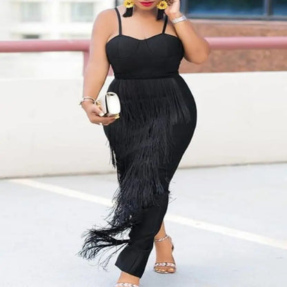Black Plus Size Long Dresses Spaghetti Strap High Waist Tassel Evening Cocktail Party Gowns Fringe Outfits  Autumn.