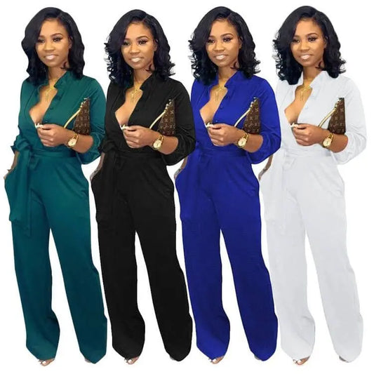 Casual Plus Size Rompers Womens Jumpsuit Early Autumn Deep V Neck Long Sleeve Wide Leg Overall Office Lady Buttons Up Bodysuit.