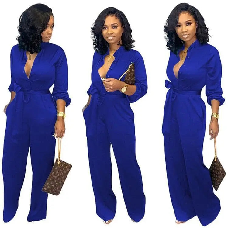 Casual Plus Size Rompers Womens Jumpsuit Early Autumn Deep V Neck Long Sleeve Wide Leg Overall Office Lady Buttons Up Bodysuit.