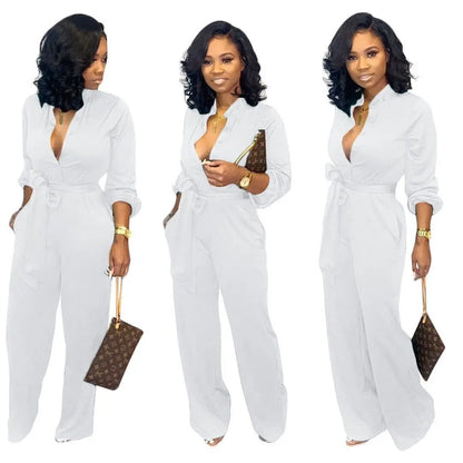 Casual Plus Size Rompers Womens Jumpsuit Early Autumn Deep V Neck Long Sleeve Wide Leg Overall Office Lady Buttons Up Bodysuit.