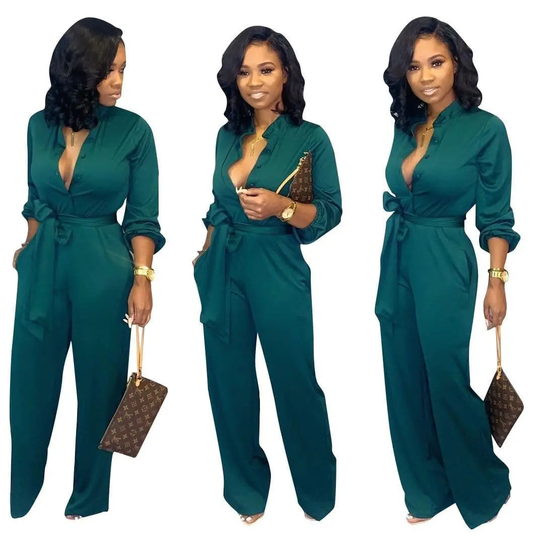 Casual Plus Size Rompers Womens Jumpsuit Early Autumn Deep V Neck Long Sleeve Wide Leg Overall Office Lady Buttons Up Bodysuit.