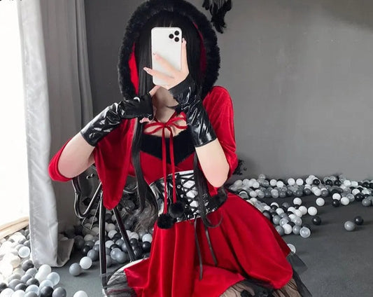 Christmas Girl Bad Santa Claus Cape Dress Uniform/ Women Black Hooded Shawl Xmas Outfits Cosplay Costumes.