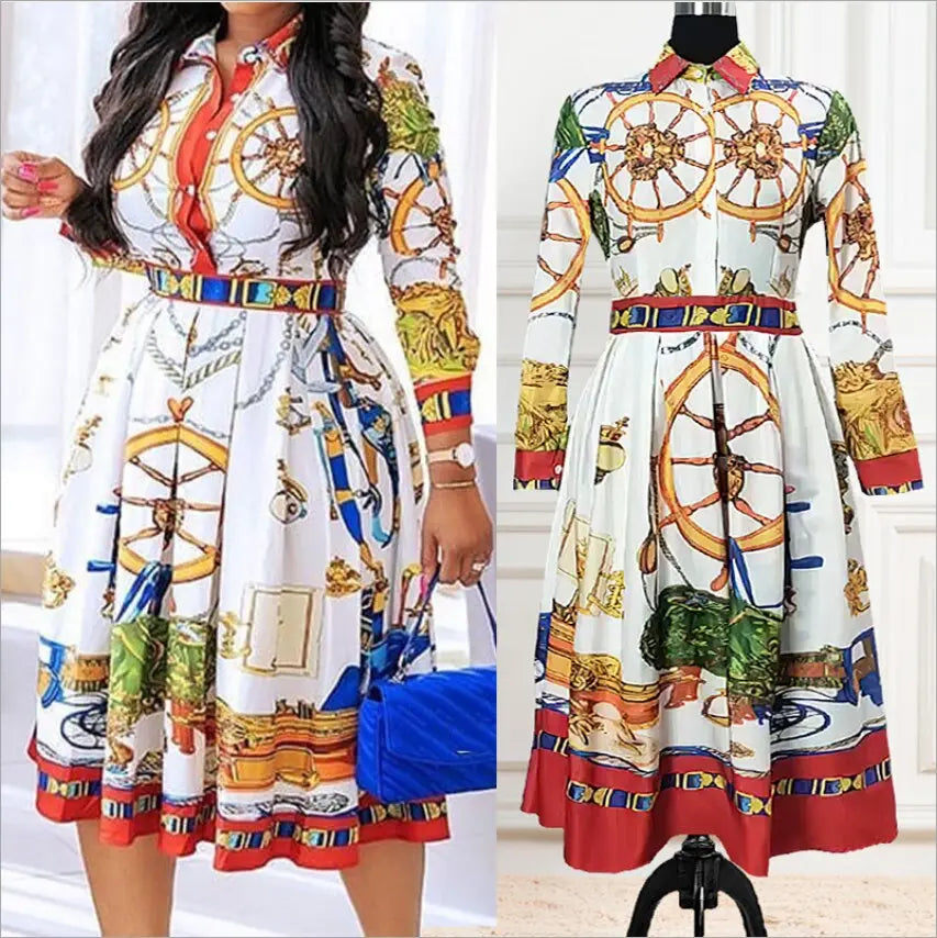 Cutubly Plus Size Loose Casual Dress Printed Long Sleeve Dress Fashion Dresses for Women England Pleated Squsre Collar Dress.