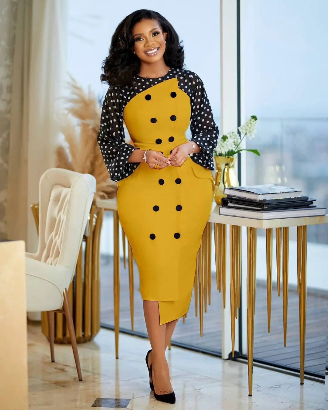 Echoine Plus Size Dot Print Long Sleeve Midi Dress Women Elegant OL Office Ladies Dresses Button Patchwork Vintage Vestido.