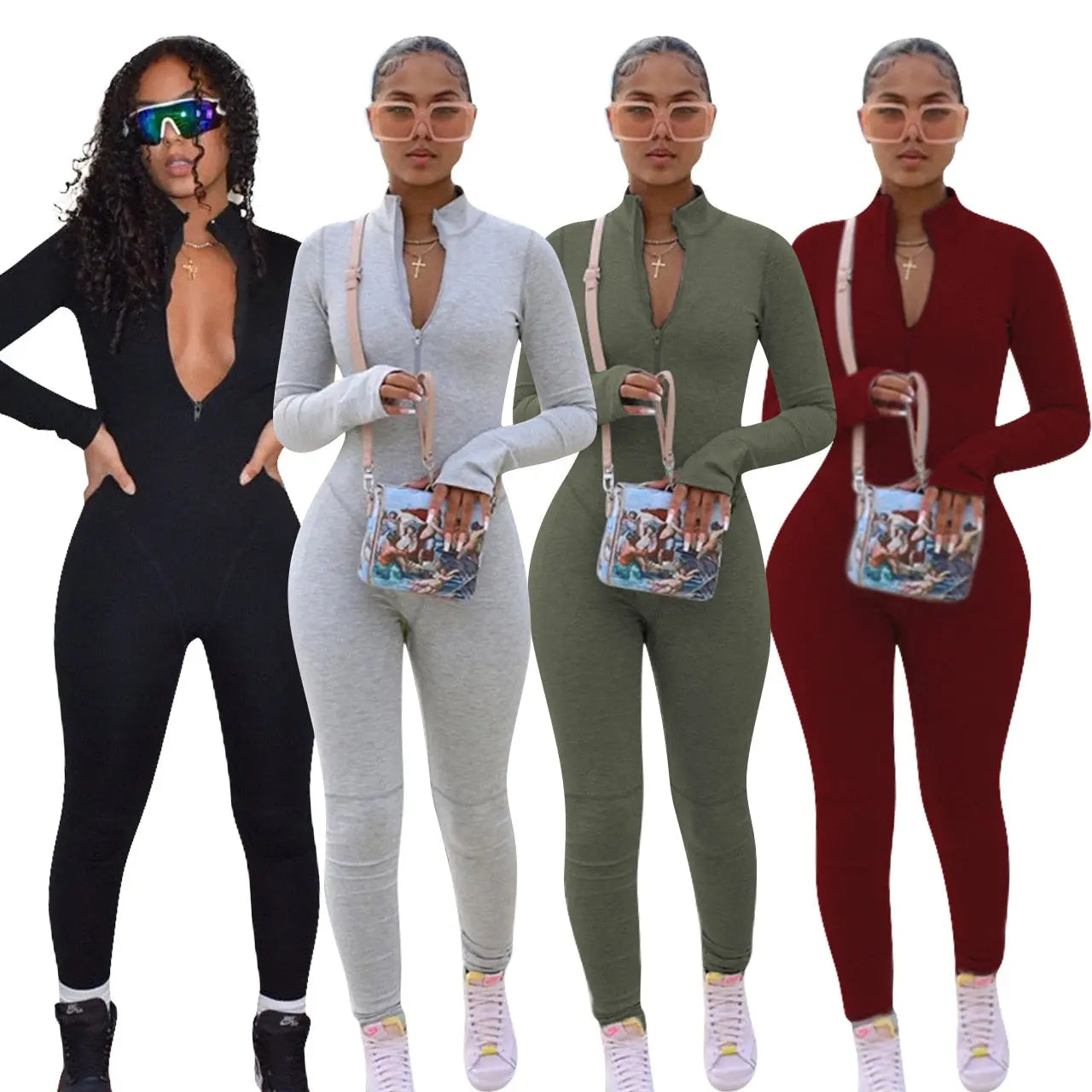 Echoine Zipper Long Sleeve Jumpsuit Green Gray Skinny Bodycon Sexy Rompers Autumn Rompers Party Clubwear Outfits Overalls Women.