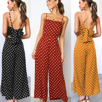 Elegant Sexy Jumpsuits Women Sleeveless Polka Dots Loose Baggy Pants Rompers Bow Backless Bodysuits Jumpsuits.