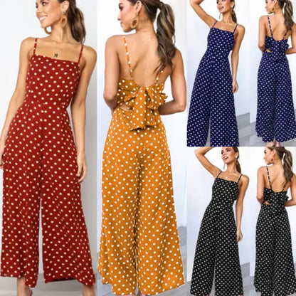 Elegant Sexy Jumpsuits Women Sleeveless Polka Dots Loose Baggy Pants Rompers Bow Backless Bodysuits Jumpsuits.