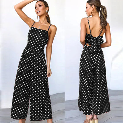 Elegant Sexy Jumpsuits Women Sleeveless Polka Dots Loose Baggy Pants Rompers Bow Backless Bodysuits Jumpsuits.