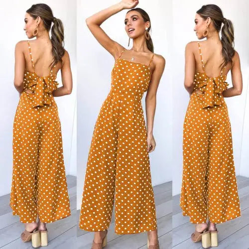 Elegant Sexy Jumpsuits Women Sleeveless Polka Dots Loose Baggy Pants Rompers Bow Backless Bodysuits Jumpsuits.