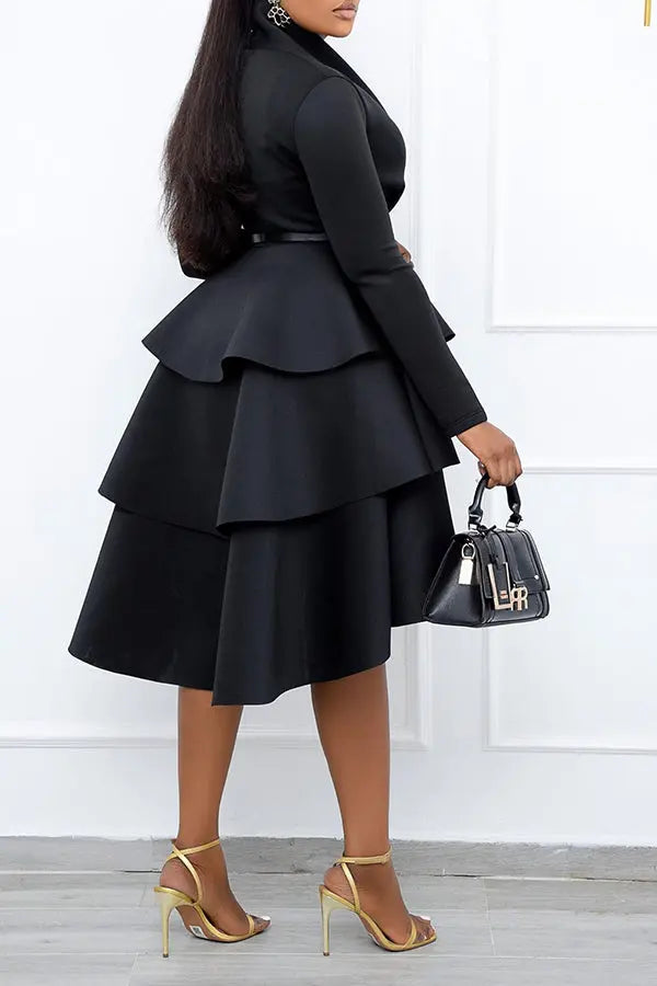 Elegant Solid Color Long Sleeved Ruffled Plus Size Midi Dress.