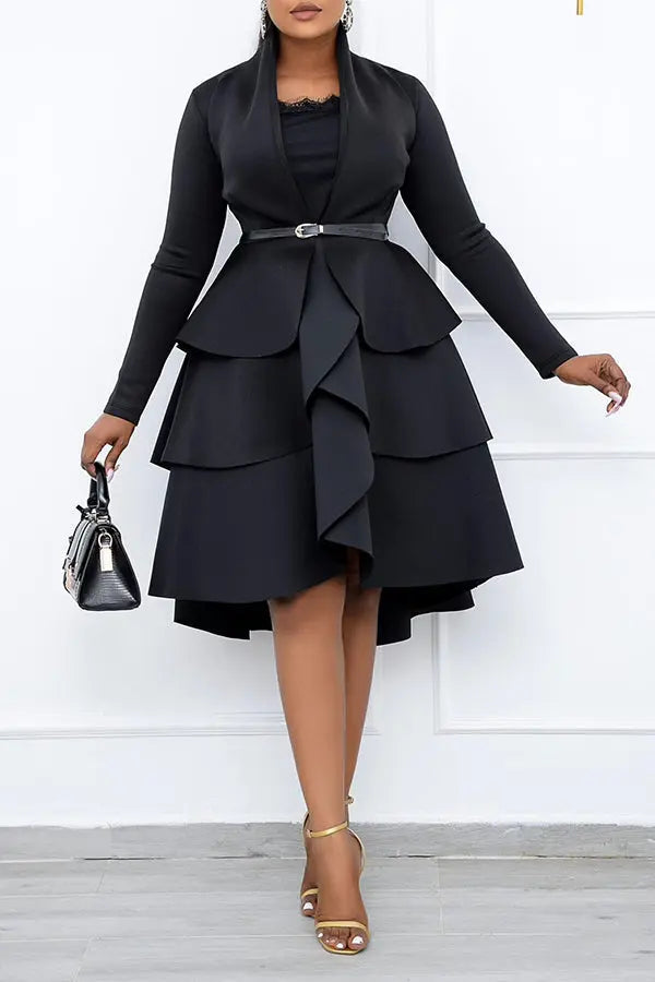 Elegant Solid Color Long Sleeved Ruffled Plus Size Midi Dress.