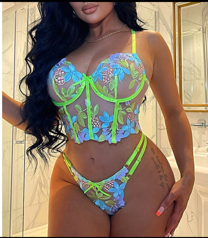 Luxury Lingerie Sexy Floral Embroidery Intimate Neon Green Underwear set