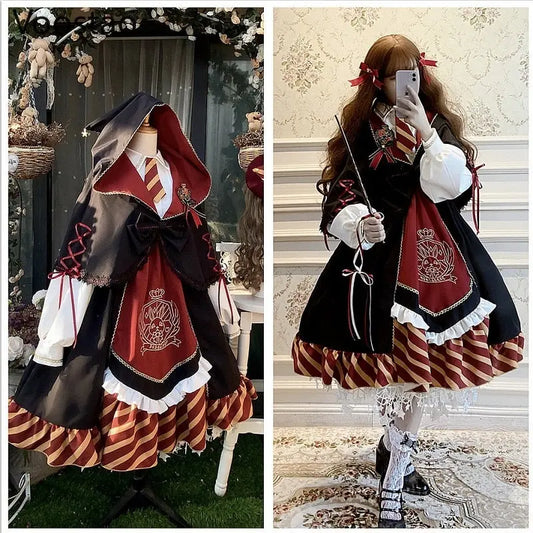 Gothic Lolita OP Dress Girly Vintage Magic Academy Series Rabbit Badge Dress Women Harajuku Kawaii Cape Cloak Hooded Dresses.