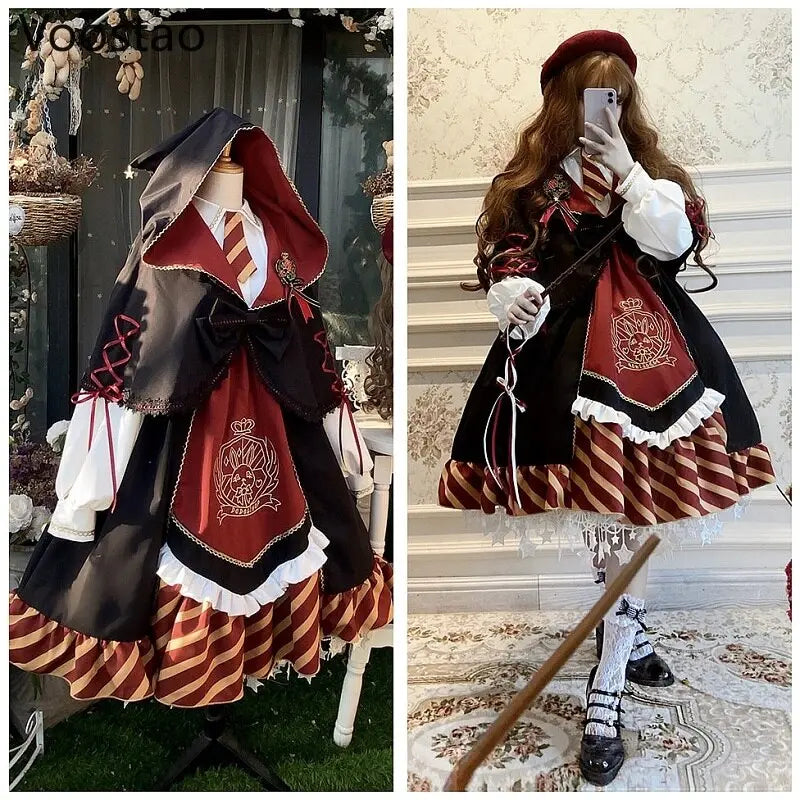 Gothic Lolita OP Dress Girly Vintage Magic Academy Series Rabbit Badge Dress Women Harajuku Kawaii Cape Cloak Hooded Dresses.