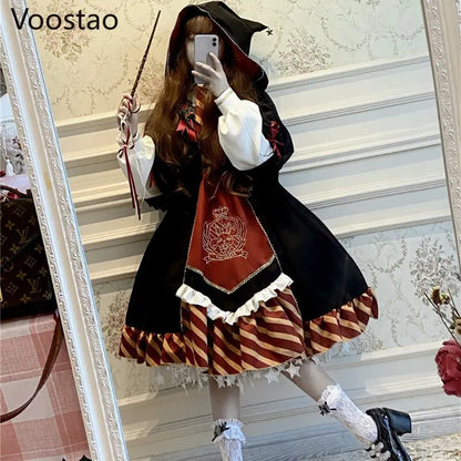 Gothic Lolita OP Dress Girly Vintage Magic Academy Series Rabbit Badge Dress Women Harajuku Kawaii Cape Cloak Hooded Dresses.