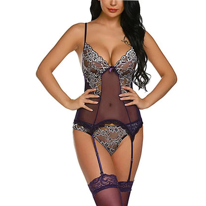 Babydoll Erotic Sexy Lingerie Women Embroidery Lace Bodysuit Sexy Underwear with Garter Sexi Teddies Corset Porno Langerie Mujer