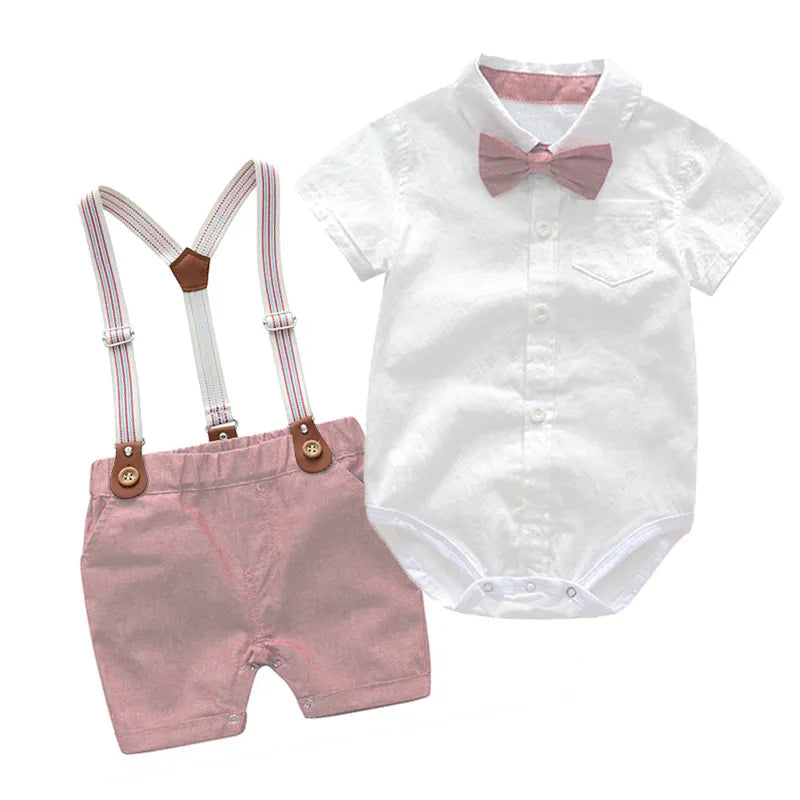 Baby Boy Clothes tSummer Gentleman Birthday Suits Newborn Party Dress Soft Cotton Solid Rmper + Belt Pants Infant Toddler Set