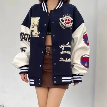 Retro American Letter Embroidered Flocked Baseball Jacket - Y2K Street Hip-Hop Style, 2021 New College Couple Outfit