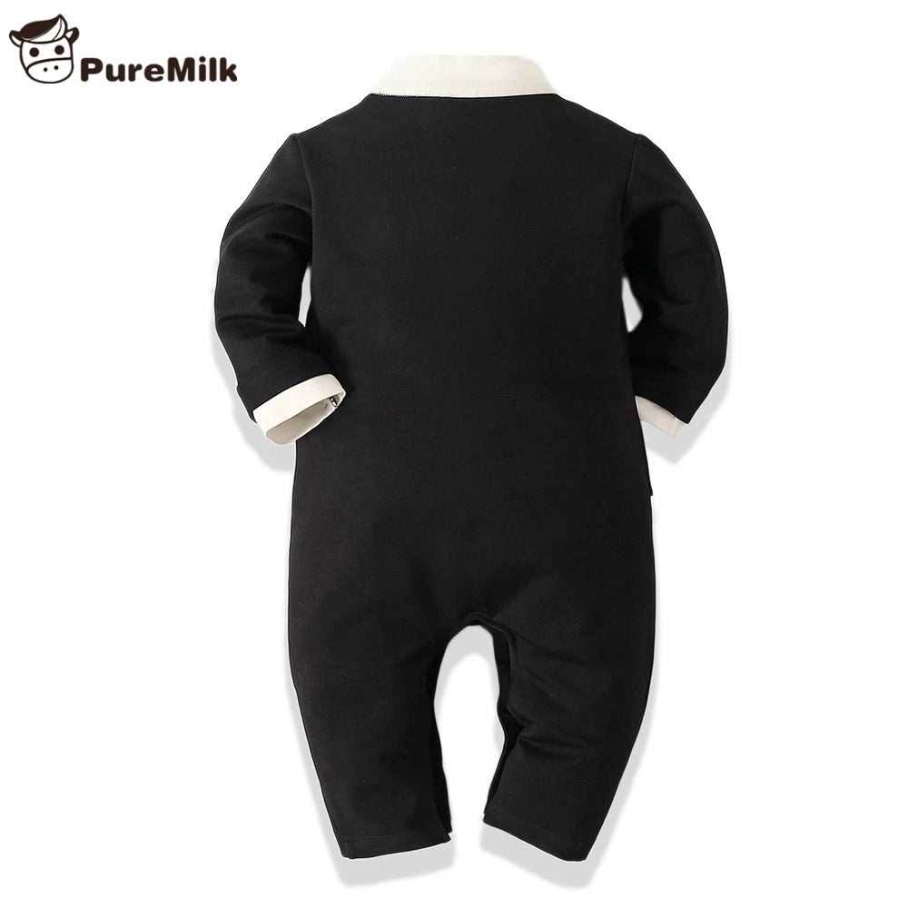 Newborn Baby Boy Cotton Soft Long Rompers Bodysuit Jumpsuit in White/Black