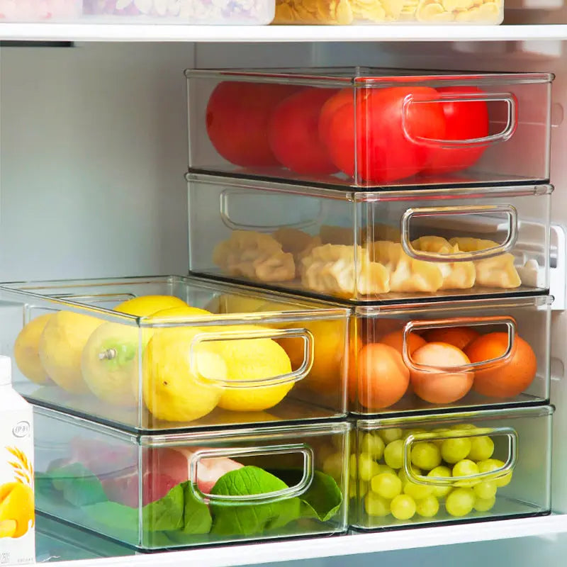 Kitchen refrigerator storage box with handle transparent fruit and vegetable beverage storage box refrigerated finishing PET plastic crisper.