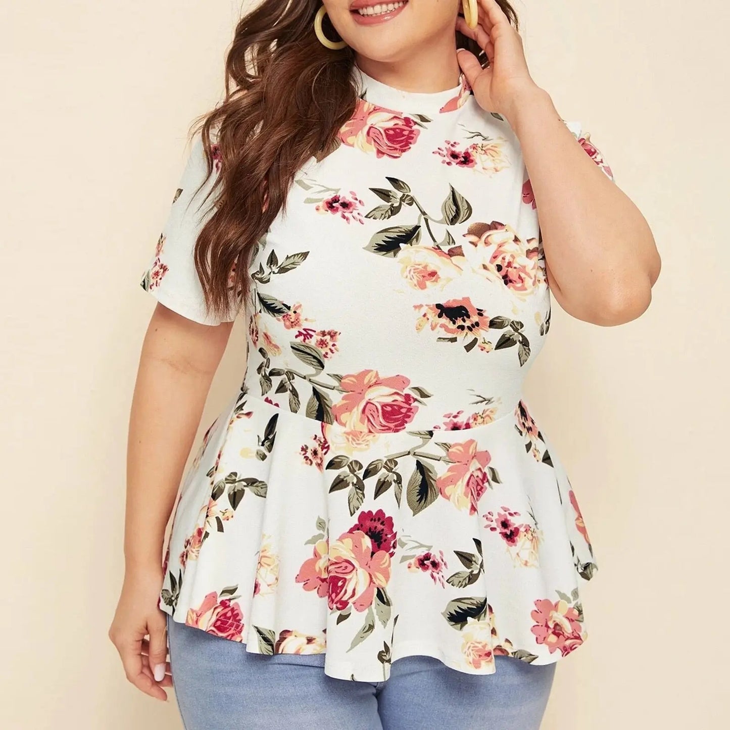 Mock Neck Floral Print Tops Women Plus Size Spring Summer Boho Casual Peplum Slim Fit Blouse Short Sleeve Female Tops.