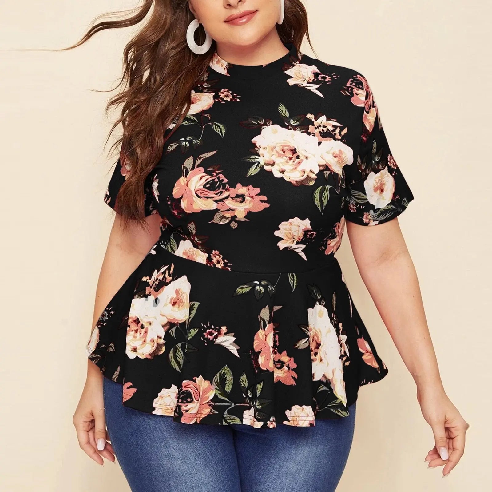 Mock Neck Floral Print Tops Women Plus Size Spring Summer Boho Casual Peplum Slim Fit Blouse Short Sleeve Female Tops.