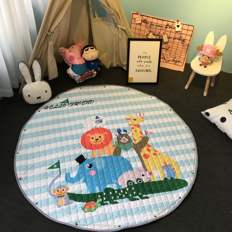 Thickened Cotton Infant Children's Toys Storage Play Mat - Round Cartoon Crawling Mat for Outings and Floor Activities