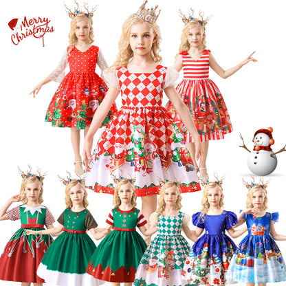 2022 new Christmas children's clothing dress cartoon printed satin cloth performance dance performance clothing