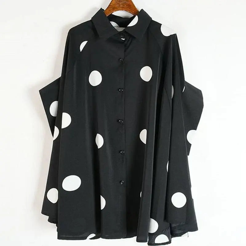 Plus Size Big Dot Irregular Loose Blouse Streetwear Single Breasted Button Up Batwing Three Quarter Sleeve Blusas Shirt Tops.