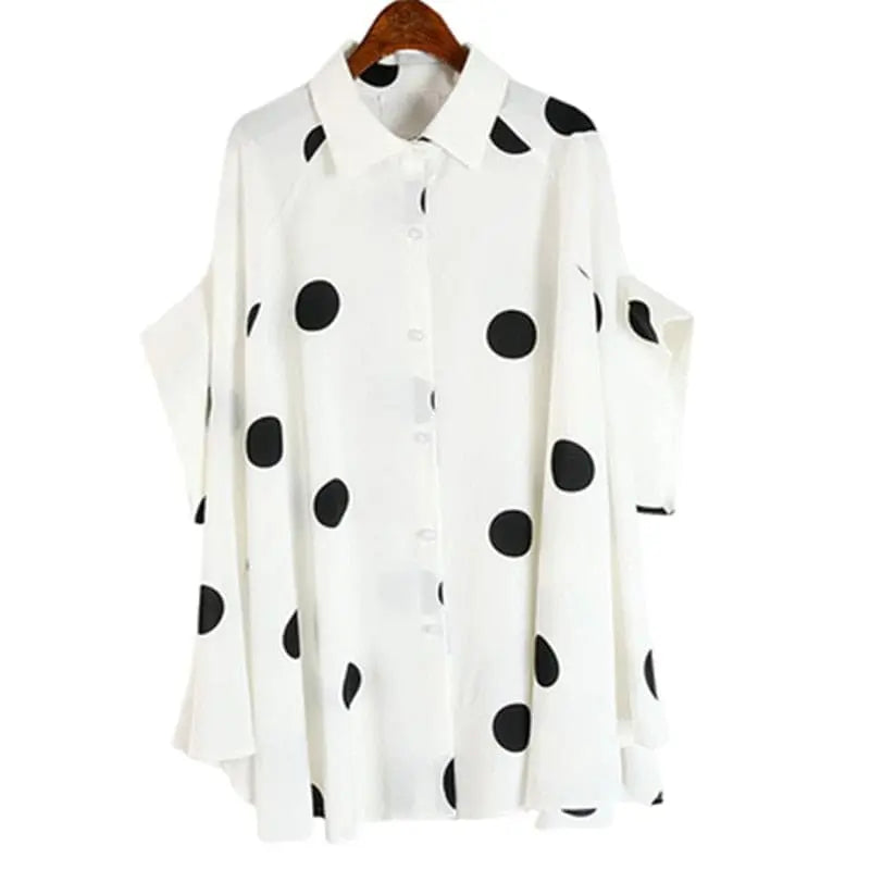 Plus Size Big Dot Irregular Loose Blouse Streetwear Single Breasted Button Up Batwing Three Quarter Sleeve Blusas Shirt Tops.