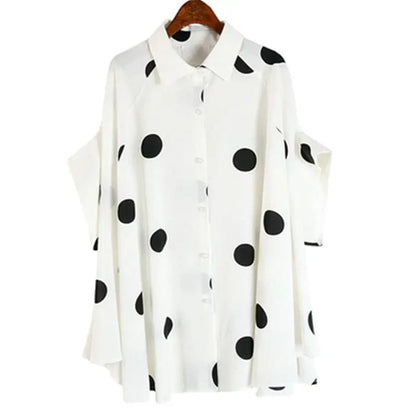 Plus Size Big Dot Irregular Loose Blouse Streetwear Single Breasted Button Up Batwing Three Quarter Sleeve Blusas Shirt Tops.