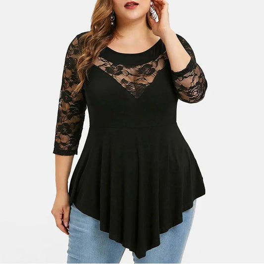 Plus Size Floral Lace Hollow Out Sexy Tunic Blouse Shirt Women Spring Autumn Big Size Tops Ruffles Irregular Blusas.