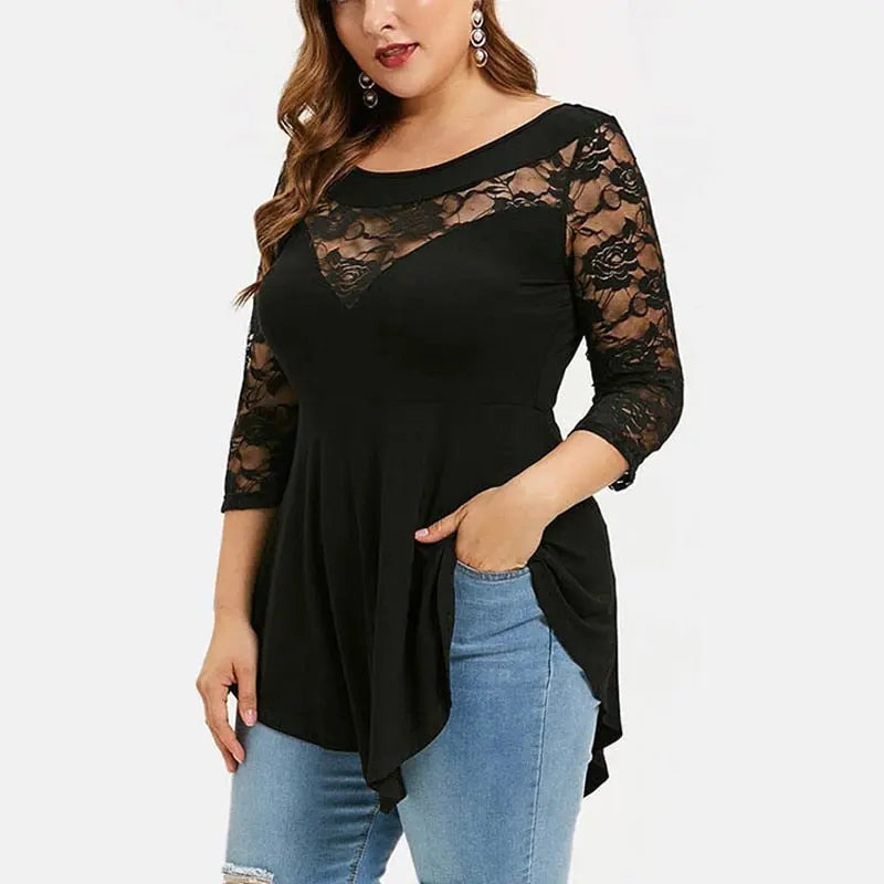 Plus Size Floral Lace Hollow Out Sexy Tunic Blouse Shirt Women Spring Autumn Big Size Tops Ruffles Irregular Blusas.